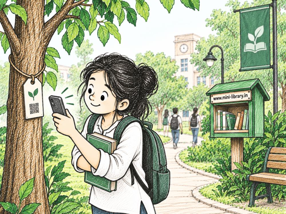 A student scanning a tree tag on a green campus