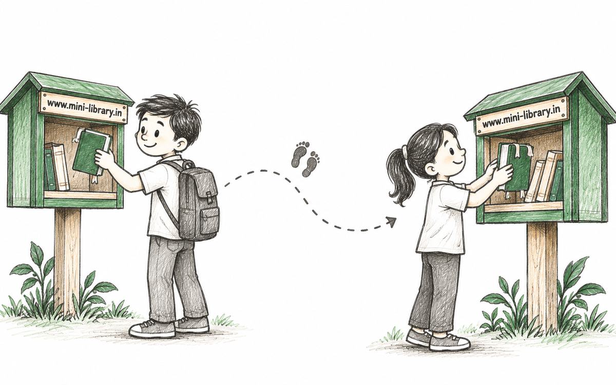 A book being passed between two community book racks
