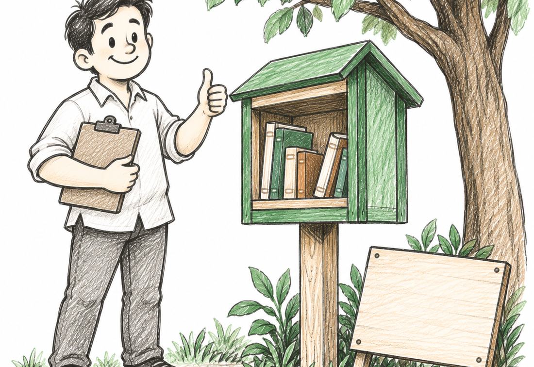 A volunteer setting up a small community book rack